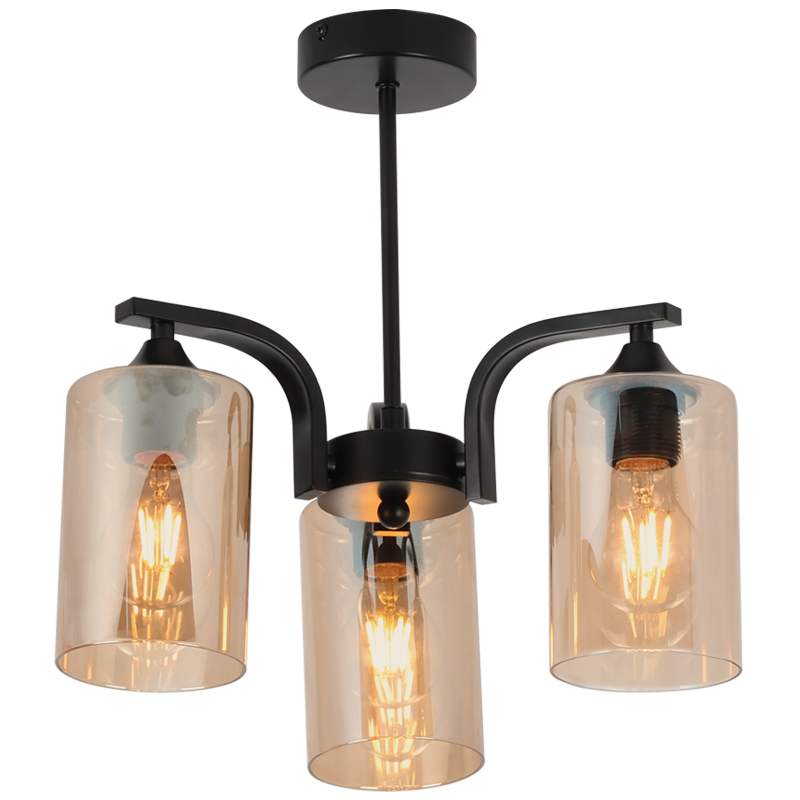 Black 3-Light ES Chandelier with Amber Glass, 380mm (CH708/3)