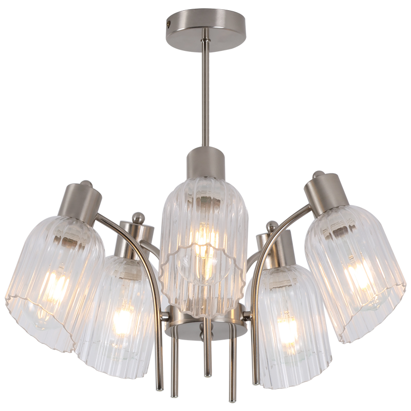 Satin Chrome 5-Light ES Chandelier with Clear Fluted Glass, 520mm (CH711/5)