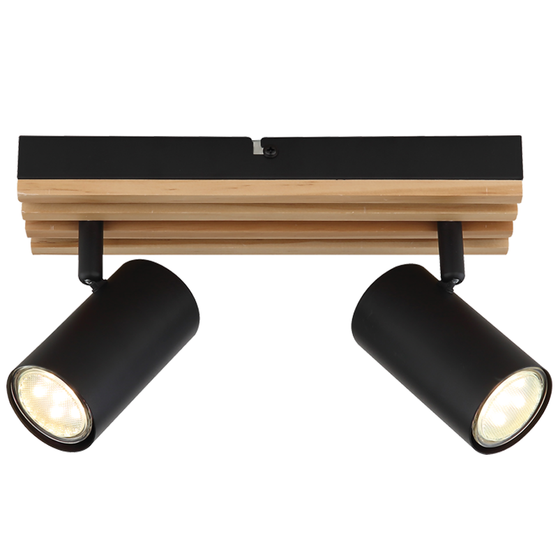 Black and Light Wood Twin GU10 Metal Spotlight, 260mm (S423/2)