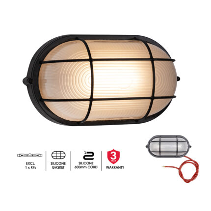 Black oval grid braai bulkhead light 275mm B301