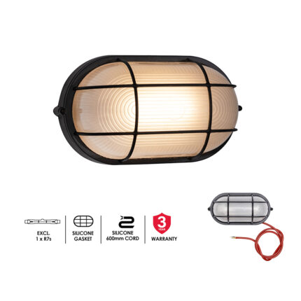 Black oval grid braai bulkhead light 210mm B302